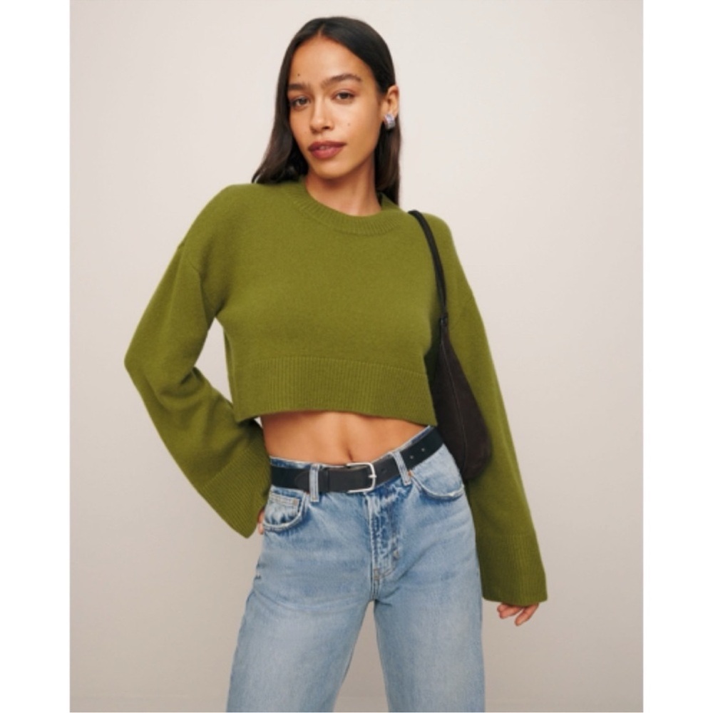 Reformation Paloma Cropped Cashmere Crew Sweater Pear Green XS - Picture 14 of 14